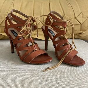 Tan Strappy Lace Up Heels Sandals Size 6